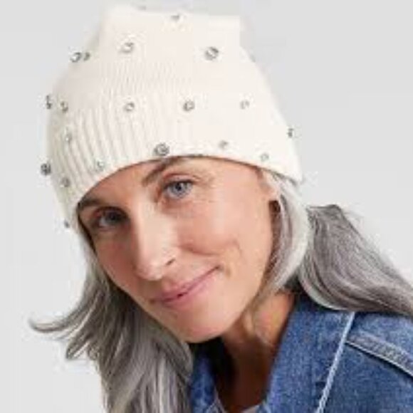 NWT Charter Club Women's Cashmere Crystal Embellished Vanilla Hat OS - Picture 2 of 2